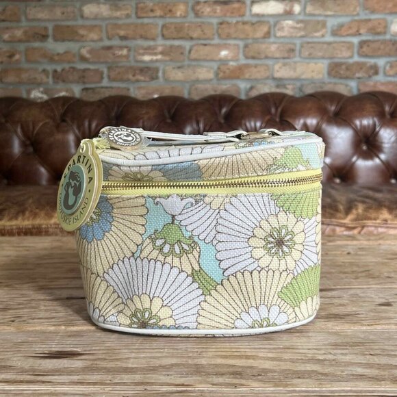 Spartina Floral Train Case Cosmetic Case NWT Linen Genuine Leather - Picture 5 of 13
